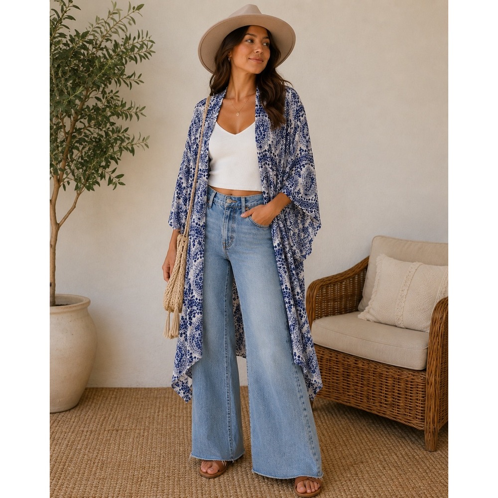 VICI‎ Blue White Paisley Tile Print Open Front Kimono Wrap Cardigan Medium